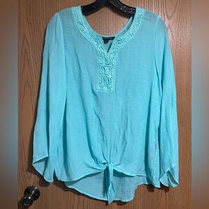 Zac & Rachel Light Teal Gauzy Blouse with Embroidered Detail